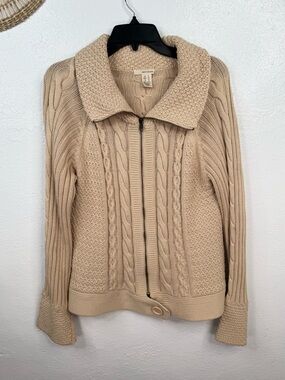 DKNY Jeans Sweater Jacket Womens XL Beige Cable Knit Full Zip Up Fold Collar